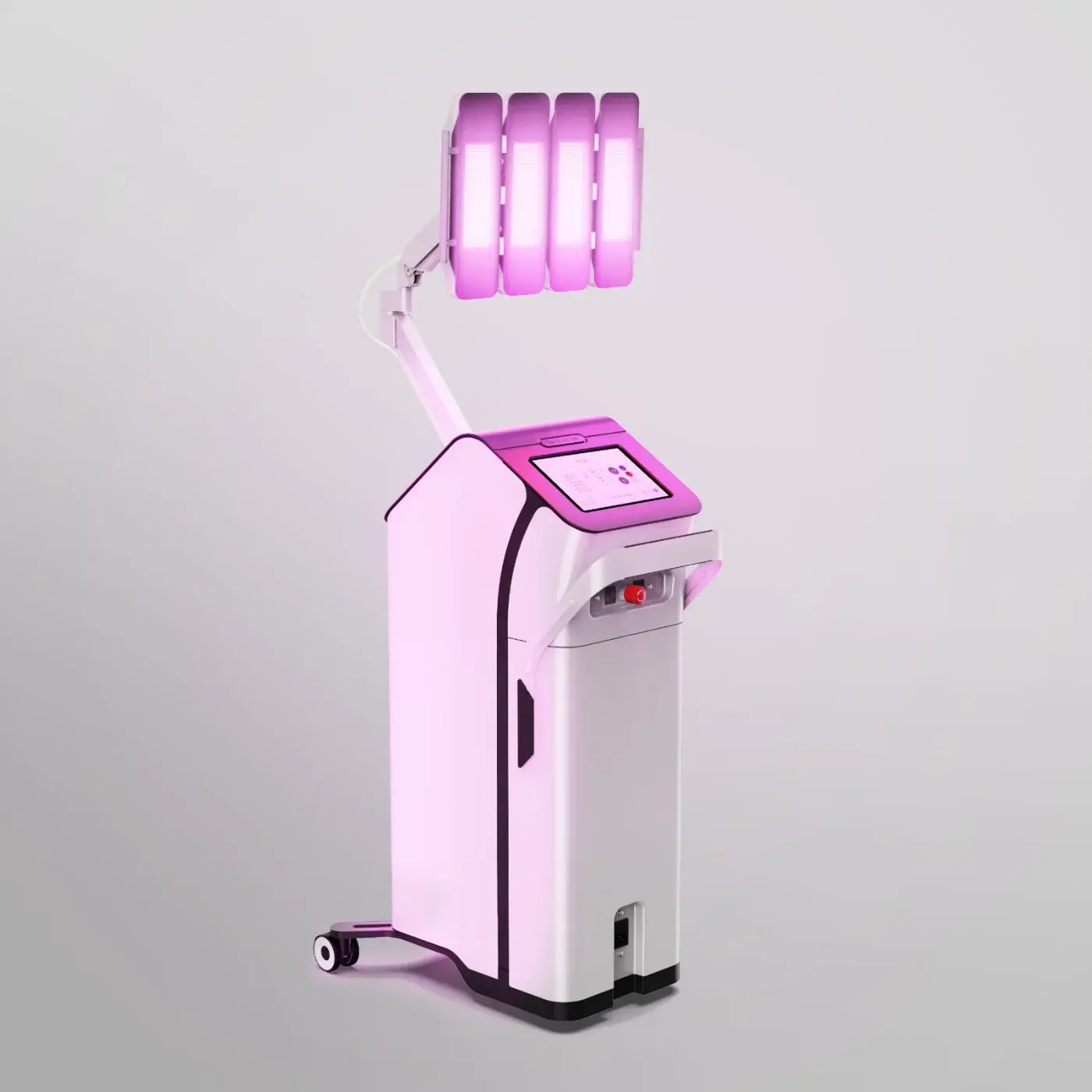 Dermalux Tri-Wave MD tam sistem — gövde, eklemli kol ve dört panelli baş